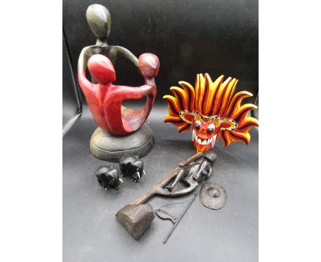 Treen tribal totem figure, African figure, treen friendship ring and 2 ebony elephants (tusk missing)