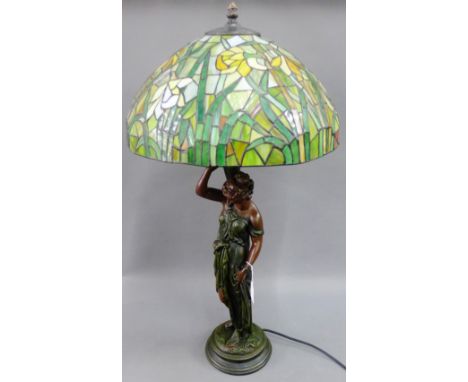 Art Deco style figural table lamp and glass shade, height overall approx 85cm 