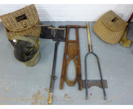 Mixed lot to include two fishing creel baskets, various boot jacks, a vintage sprayer and a brass pail etc., (a large lot) 