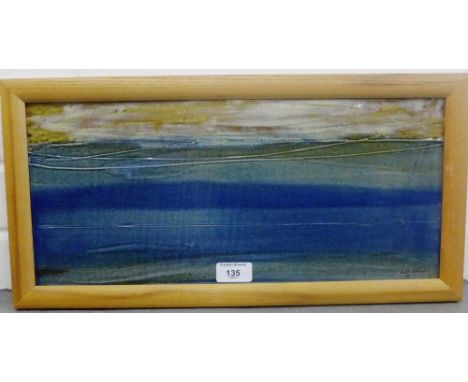 Lea Watley, painted ceramic plaque in a rectangular pine frame, signed, 44 x 20cm 