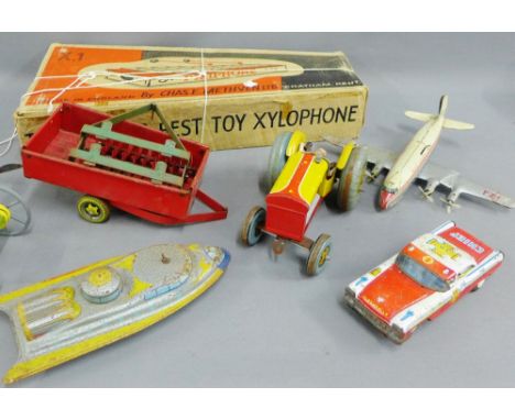 Vintage toys to include The Worlds Best Toy Xylophone and various tin plate vehicles to include Chief Police Car and an Aerop