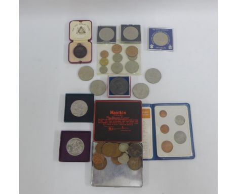 Mixed UK pre decimal coins together with Festival of Britain coins and a 1937 medallion and Life Guard Corps bronze medallion