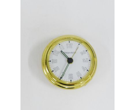 Tiffany &amp; Co travel alarm clock, with leather case,  6cm diameter 