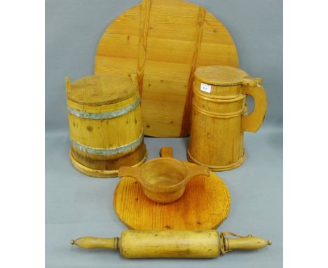 Pine metal bound barrel and cover, a Scandinavian pine tankard, a rolling pin, etc., (6) 