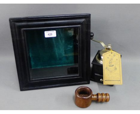 Mixed lot to include a coffee grinder a wooden lamp and an ebonised wooden showcase, (3) 
