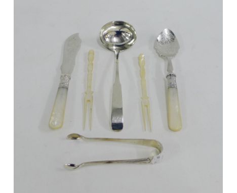 Mixed lot to include Birmingham silver sugar tongs, silver sauce ladle, mother of pearl and Epns spoon and knife and two moth
