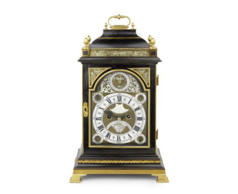 A rare mid-18th century Dutch gilt-metal mounted ebonised table clock, with annual calendar, moonphase, pull quarter repeat a