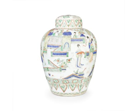 A famille verte 'Figural' jar and coverKangxi (1662-1722)Of ovoid form, finely decorated around the exterior with a terraced 