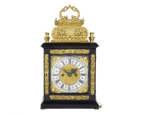 A good late 17th century Dutch gilt metal mounted ebony double basket top table clock with pull quarter repeat and Dutch stri