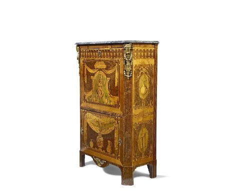 A rare Dutch ormolu-mounted mahogany, rosewood, purplewood, burr walnut, fruitwood and green-stained wood marquetry secretair