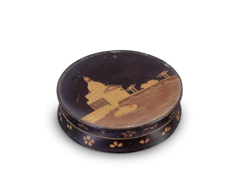 A rare early 19th century Japanese lacquered snuff box of Dutch topographical interestOf circular form decorated in gold hira