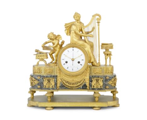 A fine and impressive early 19th century French ormolu and marble mantel clockLaurent, ParisThe 5 inch white enamel dial with