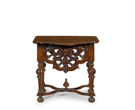 A Dutch walnut and burr walnut side table or cabinet standLate 17th century and laterThe shaped crossbanded top with a moulde