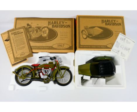 Xonex - A boxed 1:6 scale diecast 1917 3-Speed V-Twin Model F Harley Davidson with boxed diecast matching sidecar. Both model