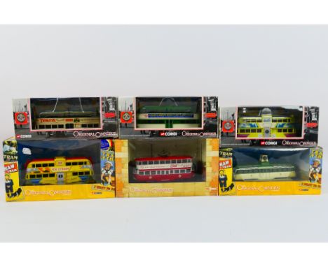 Corgi Original Omnibus - Six boxed 1:76 scale Corgi OO diecast model trams. Lot includes Limited Edition OM43505 Blackpool Ba