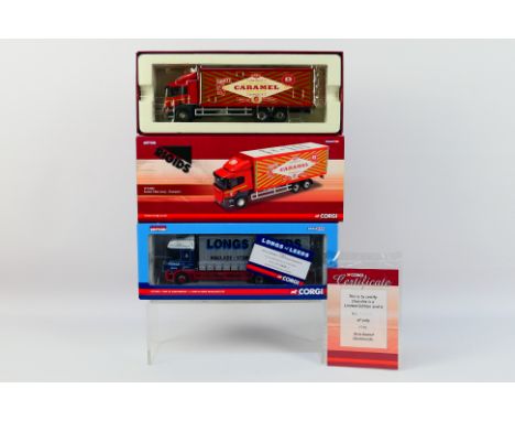 Corgi - 2 x Rigids, a Scania P box lorry in Tunnock's livery number 409 of 1710 # CC14202 and a DAF CF curtainside in J. Long