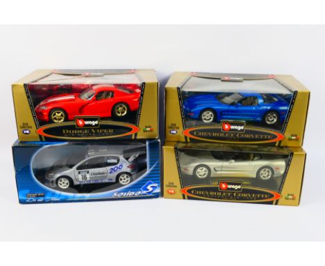 Solido - Bburago - 4 x boxed cars in 1:18 scale, Peugeot 206 WRC # 202, Chevrolet Corvette # 3356, Dodge Viper GTS # 3375 and