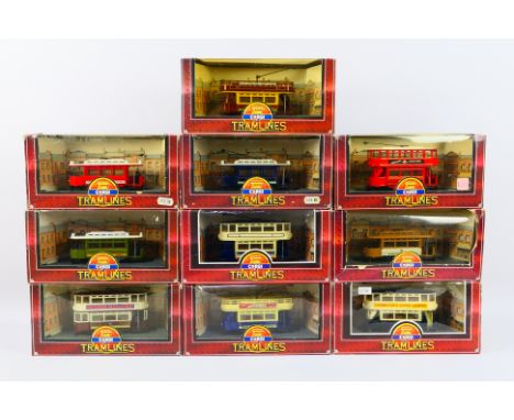 Corgi - A fleet of 10 boxed diecast model trams from Corgi's 'Tramlines' series. Lot includes C993/1 Portsmouth Corporation; 