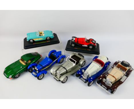 Bburago - 7 x unboxed cars including Jaguar SS100, Bugatti Type 59, Alfa Romeo 2300 and others. They are dusty from display, 