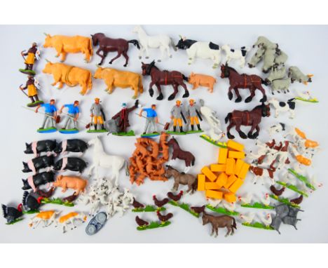 Britains - A loose collection in excess of 100 Britains plastic Farm animals, Farm workers and accessories. Lot includes Brit