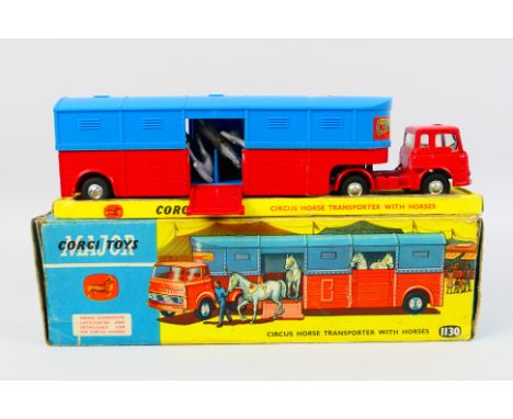 Corgi Toys - A boxed Corgi #1130 Chipperfields Circus Horse Transporter with Horses. The Bedford articulated truck in red and