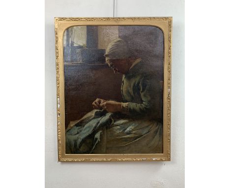 (19th Century) Modernist School Sensitive portrait study of an elderly lady sewing, three quarter length, she sits in a chair