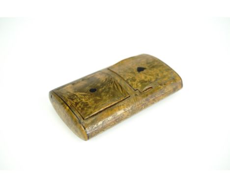 A Georgian two-compartment burr wood pocket snuff box, the lids respectively inset with small shield-shaped and circular plaq