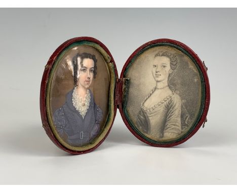 A cased pair of Georgian portrait miniatures, likely mother and daughter, the elder that of a young woman of circa 1800, in g