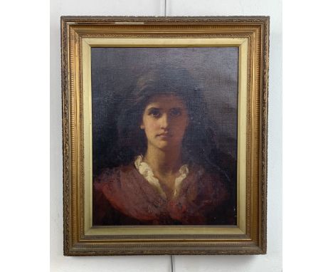 (19th Century) A chiaroscuro head and shoulders portrait of a young girl in a crimson dress, the sitter gazing directly out o