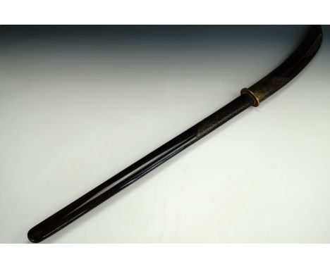 A Japanese naginata polearm, the blade having a signed tang and single mekugi ana, bronze tsuba and silvered habaki, in gilt 