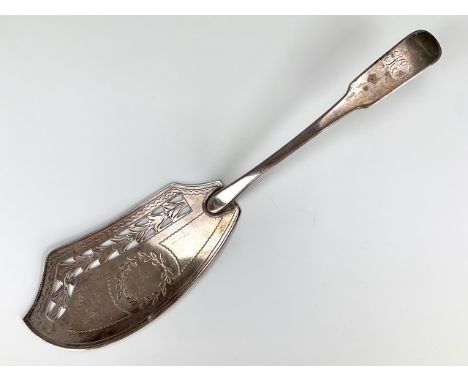 A Georgian Scottish Provincial silver fish slice, fiddle pattern, with engraved initials, wriggle-work and bright-cut engrave
