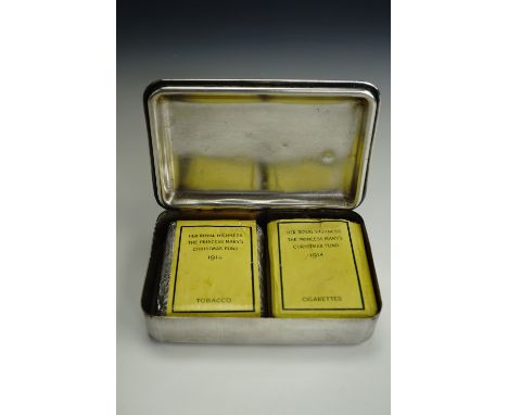 An electroplated Princess Mary 1914 gift tin, together with tobacco and cigarettes, Christmas card, portrait card, and a bull