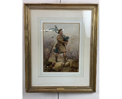 A watercolour portrait of Piper Daniel Laidlaw, playing "Blue Bonnets over the Border" standing atop a front line trench para