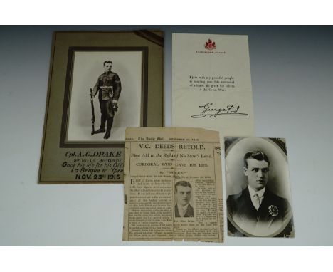 [Victorian Cross / Medal] A period portrait postcard of Corporal A G Drake, VC, 8th Rifle Brigade, together with a period com