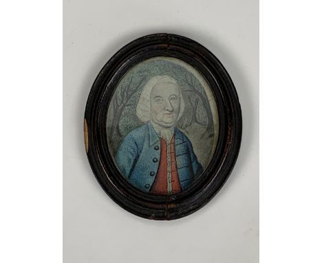 A naive watercolour portrait of an 18th Century gentleman, in oval wooden frame, the back board bearing the scratched name Ja