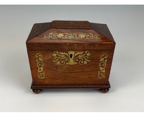 A William IV brass-inlaid rosewood two-compartment tea caddy, 19 cm x 13 cm x 16 cm