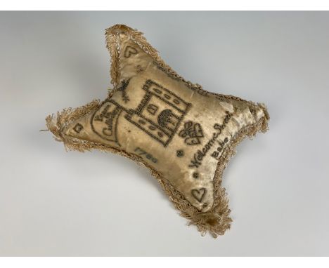 A George III Scottish layette silk pin cushion from Culloden House, decorated with pins in depiction of the house with a flag