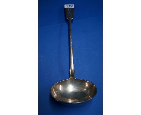 A Victorian silver fiddle pattern soup ladle, by Josiah Williams & Co, London 1889, 34cm, 249g.   Condition Report:  Engraved