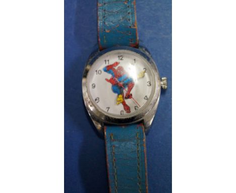 A vintage Spiderman mechanical wristwatch, the movement signed Swiss Watch Mfg, H.K  Ltd,Hong Kong, on blue leather strap.   