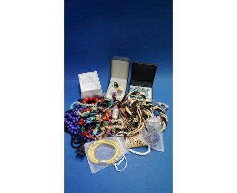 A quantity of costume jewellery; to include 9ct gold earstuds; a turquoise style brooch and matching clip-on earrings; and a 