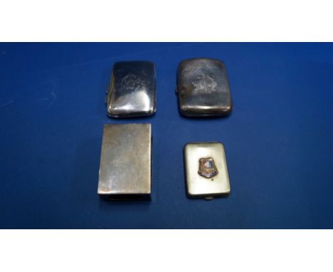 A silver matchbox cover; together with two silver cigarette cases and silver plated match book cover decorated in enamel B.P 