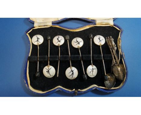 A set of seven silver and guilloche enamel teaspoons, by Turner & Simpson Ltd, Birmingham 1941, the enamel bowls decorated to