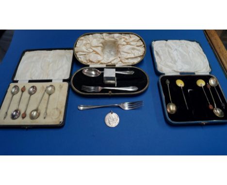 A cased silver part Christening set, (missing knife and napkin ring); together with a silver dessert fork; a silver key fob; 