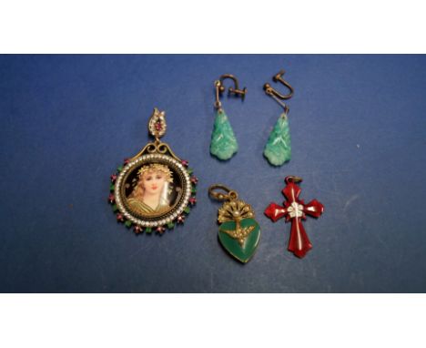 An enamelled pendant of a maiden in a paste set surround; together with a jade heart set seed pearls; an enamel cross; and pa