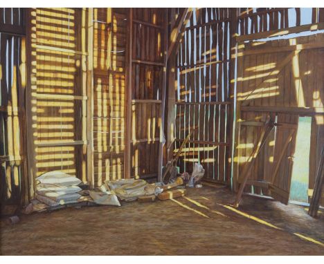 Carey Clarke PPRHA (b.1936)Patterns of Light, Tobacco Barn, Lot et Garonne, FranceTempera on gesso panel, 71 x 92cm (28 x 35¾