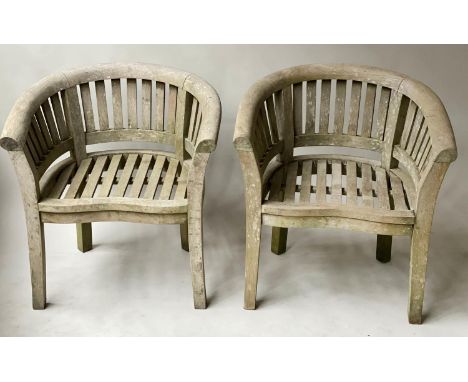 BANANA GARDEN ARMCHAIRS, a pair, weathered teak with bow backs, 78cm W. (2) 