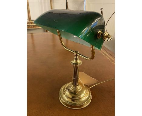 BANKERS LAMP, gilt metal, green glass shade, 38cm H. 