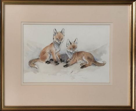 FOLLOWER OF HENRY WILKINSON 'Fox Cubs', watercolour, 21cm x 33cm, framed. 