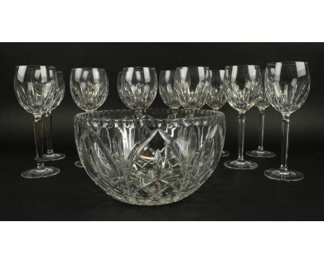 WATERFORD CUT CRYSTAL WINE GLASSES, a set of twelve along with a cut glass bowl. (13) 