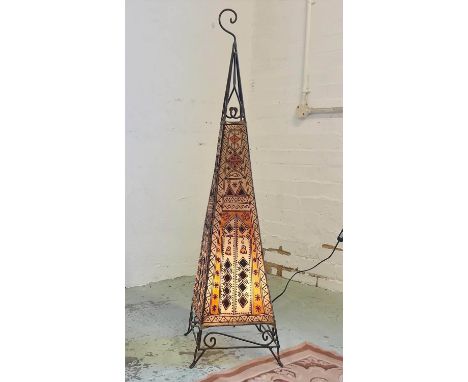 FLOOR LAMP, 1950s Moroccan with henna painted goatskin and scrolled iron frame, 110cm H. 